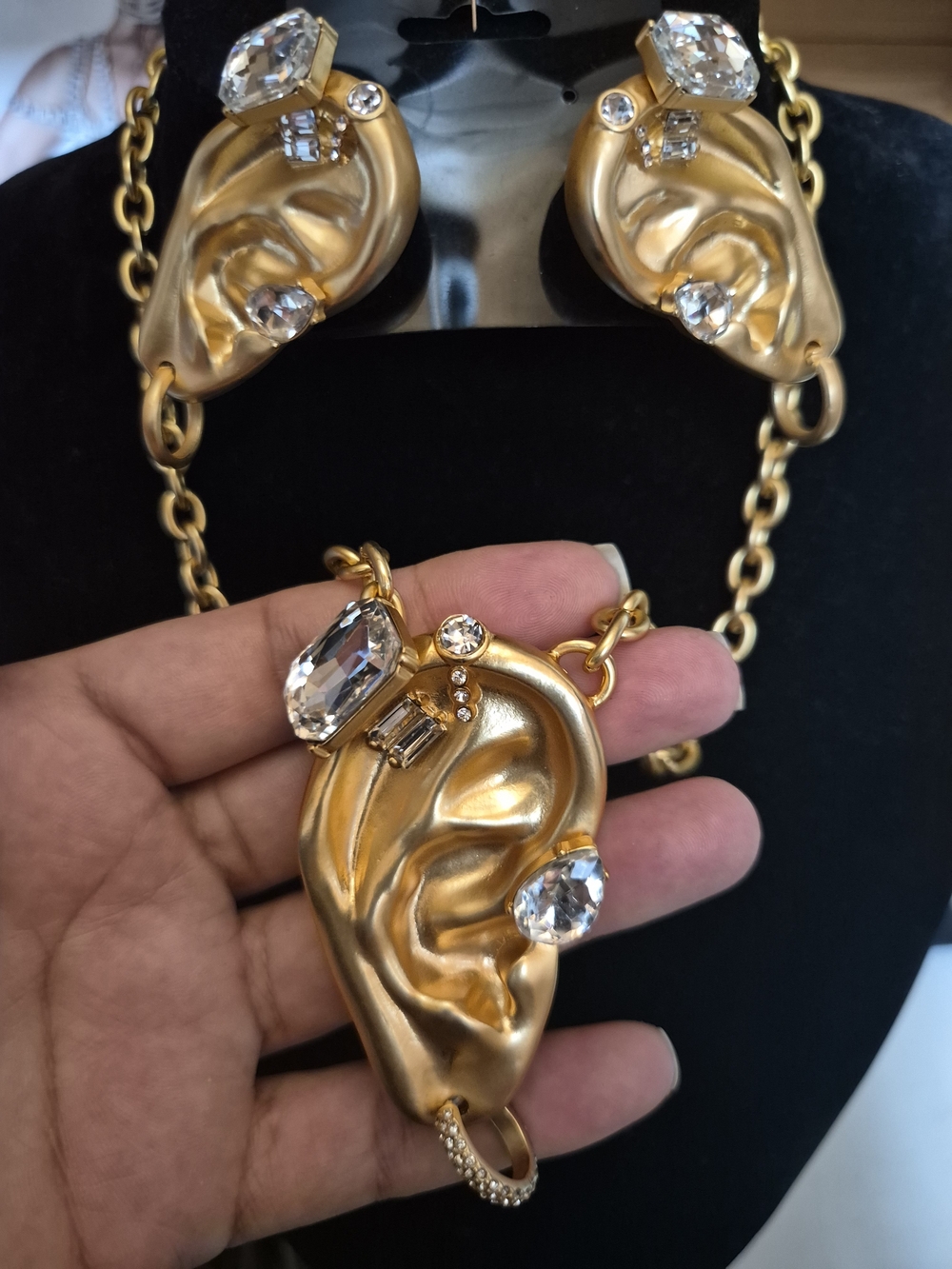 Gold Matte  Ear-Shaped Pendant Necklace with Crystal Accents